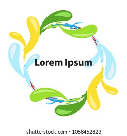 Circle of multicolored spots and splashes of paint.Space for your text.Colored border,frame greeting card.Isolated,white background.Vector illustration.Abstract figure logo, colorful vibrant drops