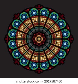 Circle multicolored stained glass mosaic window of the cathedral flat vector illustration