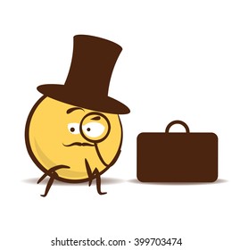 Circle with a mustache sits beside a briefcase. He is wearing cylinder hat and monocle.