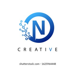 Circle N Letter Digital Network , abstract blue N technology logo design.