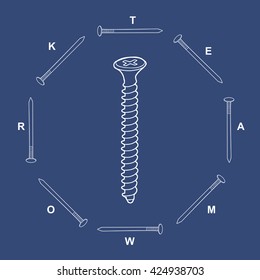 Circle of nails with teamwork word and screw as leader. Leadership, independence, initiative, uniqueness, business success, teamwork, concept. Vector image. 