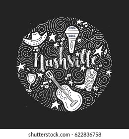 The circle with the Nashville - American city, country music capital of USA. Vector Illustration. 