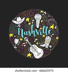 The circle with the Nashville - country music capital of USA. Vector Illustration. 