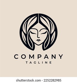 Circle Natural Leaf Beauty woman face logo design