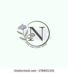 Circle Nature Flower Letter N Initial Logo, Monogram Circle with Ornate Beauty  Flower  vector  template design green color.