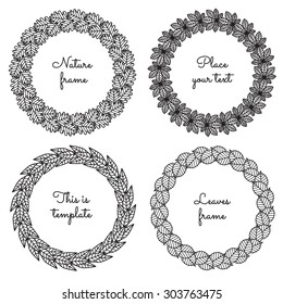 Circle nature frames (black) with leaves (oak, chestnut, willow, linden) vector set. Vintage style. Perfect for invitations and other design.