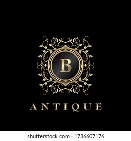Circle Nature Leaf Luxury Letter B logo. Antique elegance vector design floral ornament with gold vintage on circle  frame. Vector logo template, wedding labels and badges