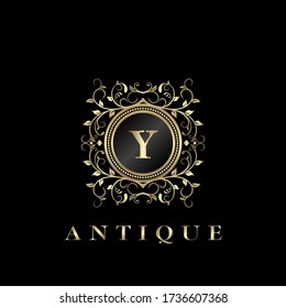 Circle Nature Leaf Luxury Letter Y logo. Antique elegance vector design floral ornament with gold vintage on circle  frame. Vector logo template, wedding labels and badges