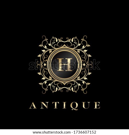 Circle Nature Leaf Luxury Letter H logo. Antique elegance vector design floral ornament with gold vintage on circle  frame. Vector logo template, wedding labels and badges