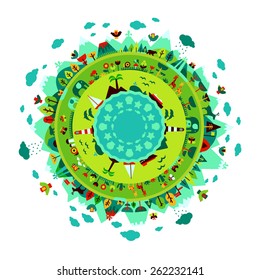 Circle with nature. Mountain, forest and animals around. Vector illustration