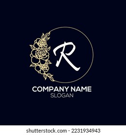 Circle Nature Rose Luxury Letter R logo. Elegance vector design floral ornament  on circle frame. Vector logo template, wedding labels and badges
