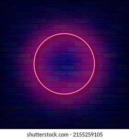 Circle neon frame on brick wall. Pink round shape. Empty sign. Copy space. Shiny flyer. Simple glowing effect border. Editable stroke. Vector stock illustration