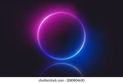 Circle neon glowing frame on dark background. Trendy color vivid gradient. Template for design

