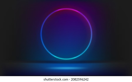 Circle Neon Glowing Frame On Dark Room. Trendy Color Vivid Gradient