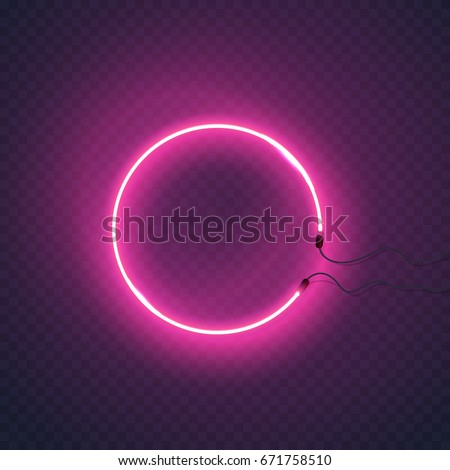 Circle neon lamp wall sign isolated on transparent background. Vector pink power glowing circle bulb banner for your design