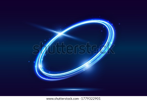 Circle neon light effect isolated on dark\
background, round light lines in blue neon color. Abstract\
background for science, futuristic, energy,\
techno