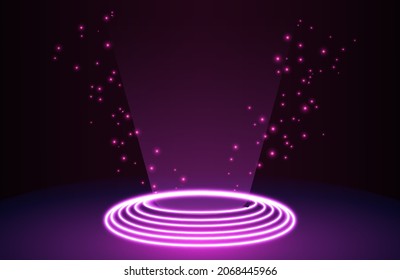 Circle neon light effect on dark background, futuristic techno concept