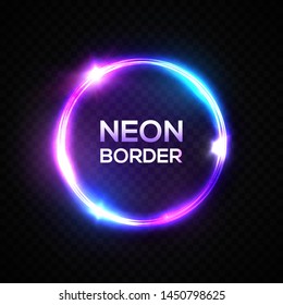 Circle neon light lamp frame. Night wall sign isolated on transparent background. Color vector pink blue purple power glowing circle bulb banner. 80s style design element for flyer poster advertising.