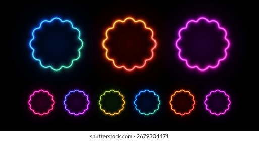 Circle neon light wavy frame. Round scallop border stickers with led glow. Vector set of laser badges in blue, purple, and red.