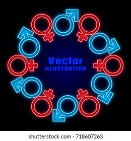 Circle of neon signs of Venus and Mars. Sex symbols. Gender icons. Male and female sex symbol. Abstract background. Vector illustration