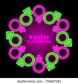 Circle of neon signs of Venus and Mars. Sex symbols. Gender icons. Male and female sex symbol. Abstract background. Vector illustration