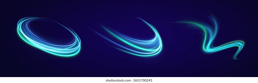 Circle with neon spark and glowing green light swirl in abstract digital background flare speed vector stream magic flash shine bright motion transparent energy illustration

