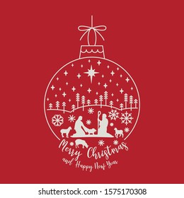 Circle New Year linear ball with Christmas scene. Mary and Joseph with baby Jesus silhouette. On red background. Vector Illustration