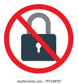 Circle No Locked Prohibited Sign, Icon or Label Isolate on White Background. Stock flat vector illustration.