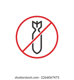 Circle NO WAR sign in line art style or linear isolated, silhouette missile falling icon