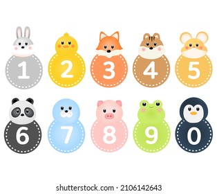 Circle number stickers icon with colors from "0" to "9" illustration set. Kindergarten, daycare, paper, animal, name, cute. Vector drawing. Hand drawn style.