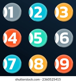 Números de círculo. Conjunto de iconos de número de redondeo. 1, 2, 3, 4, 5, 6, 7, 8, 9 botones. Diseño gráfico moderno. Ilustración vectorial.