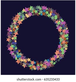 A circle or an O letter vector filled with multicolored stars. Decorative pattern with small night sky objects on blue. Trendy hipster star confetti design. Birthday celebration stripy round element