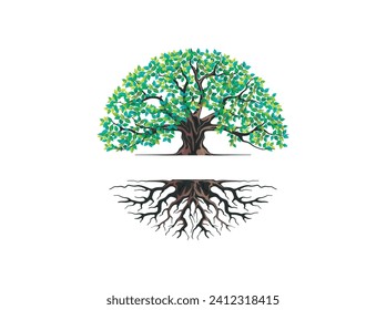 circle oak tree logo template. gorgeous tree and roots illustration. circular tree.