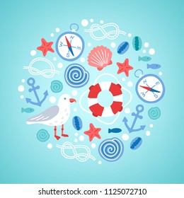 Circle ocean ornament with compass, knot, starfish, seagull, shell, lifebuoy, anchor, bubble. Perfect for summer greeting cards, holiday invitations