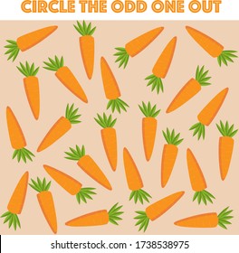 Circle the odd one out. Fun visual puzzle/IQ game for kids. Train yourself. Find a carrot with 4 green leaves instead of 5. orange carrots on pastel background.