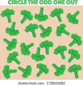 Circle the odd one out. Visual Puzzle for kids. Educational fun game to check you attention. Find green broccoli that differs from the rest (with 7 light splotches/ highlights instead of 6).