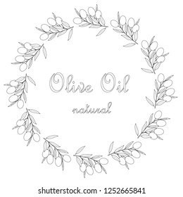 Circle olive, leaves, branch background monochrome sketch, Olive oil design element stock vector illustration for web, for packaging design, for product design, for wallpaper, for fabric print