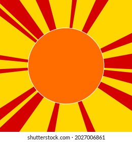 Circle on a background of red flash explosion radial lines. The large orange symbol is located in the center of the sun, symbolizing the sunrise. Vector illustration on yellow background