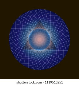 Circle on black background, abstraction of a spiral pattern in the center of a red triangle