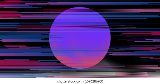 Circle on dark background with glitch art effect. Vaporwave and retrowave style illustration.