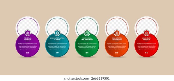 Infografía colorida del gradiente del círculo de cinco pasos con el espacio para la foto en el lugar superior. información de la caja de texto para la página del Sitio web o los materiales de impresión. 