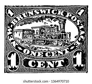 A circle on which brunswick one cent stamp is written and a train in center. Issued in 1860 vintage line drawing.