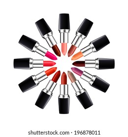 Circle of open tube of lipstick. Lipstick of different colors laid out in a circle. Isolated on white. Vector illustration.