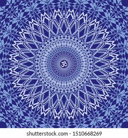 Circle openwork mandala. Blue colors. Sign Aum / Om / Ohm in center. Spiritual esoteric symbol. Vector graphics art.