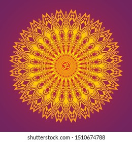 Circle openwork mandala. Red, yellow and purple colors. Sign Aum / Om / Ohm in center. Spiritual esoteric symbol. Vector graphics art