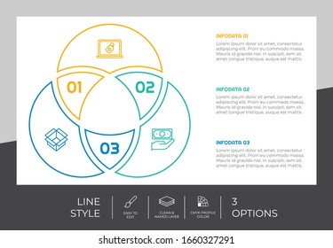Opción Círculo diseño vectorial infográfico con 3 pasos y estilo colorido para la presentación. La infografía de paso de línea se puede utilizar para negocios y marketing