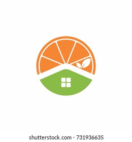 Circle orange fruit logo, with house roof and a leaf shaped chimney.