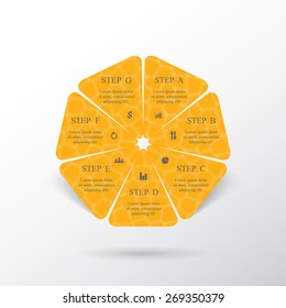 Circle orange template for diagram, graph, presentation and chart. Business concept with 7 options, parts, steps or processes. 