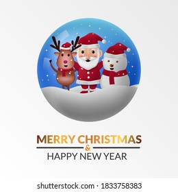 circle orb santa claus, reindeer, and snowman on the snow for merry christmas and happy new year