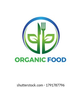 circle organic food logo with leaf spoon and fork illustration